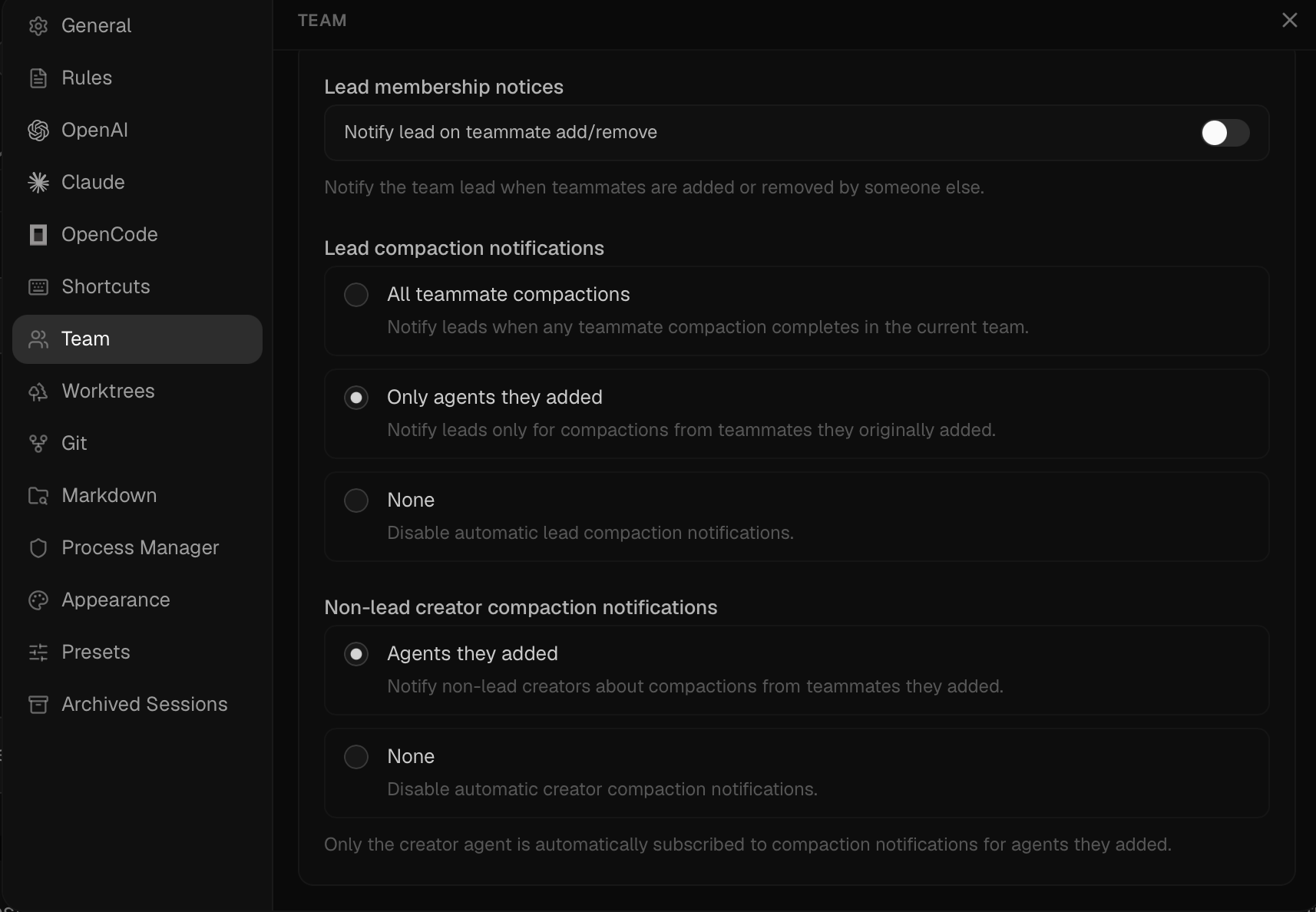 goldengoose Team settings showing lead and creator compaction-notification routing options.
