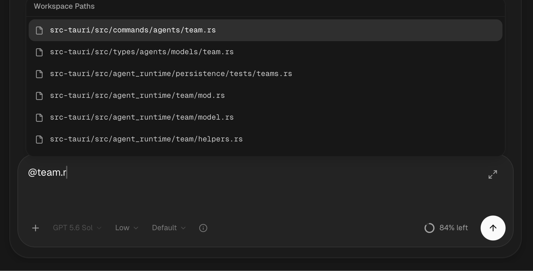 The goldengoose composer showing workspace path autocomplete results for files named team.rs.