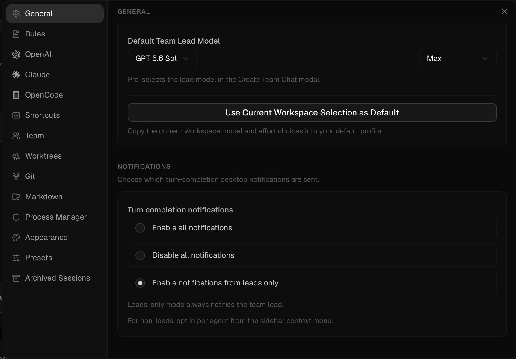 goldengoose General settings showing the default team lead model and turn-completion notification modes, including leads only.