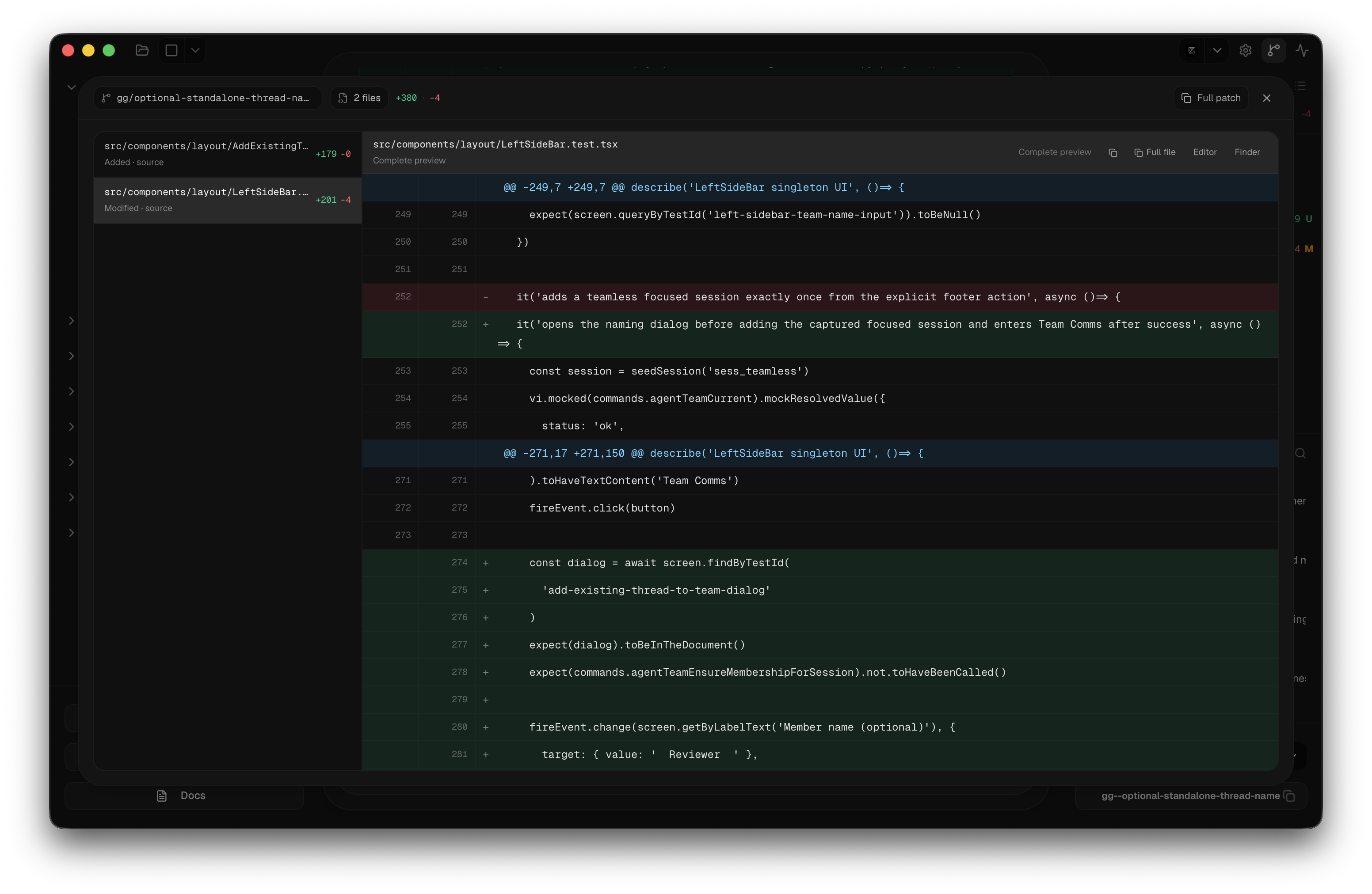 The goldengoose full-patch review overlay showing a changed-files list and a syntax-colored unified diff.