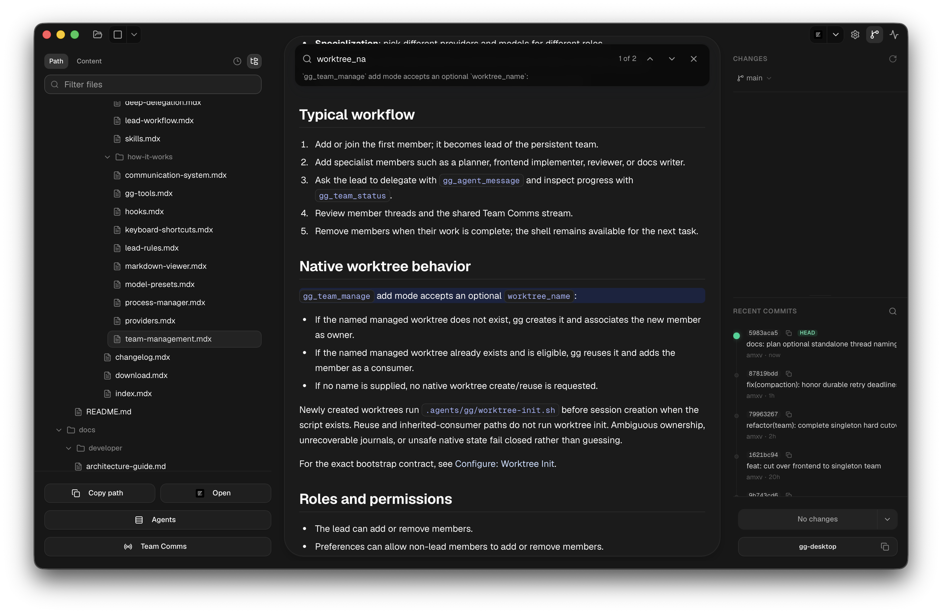 The goldengoose Markdown viewer showing a nested Markdown file tree and in-document find results for a worktree term.
