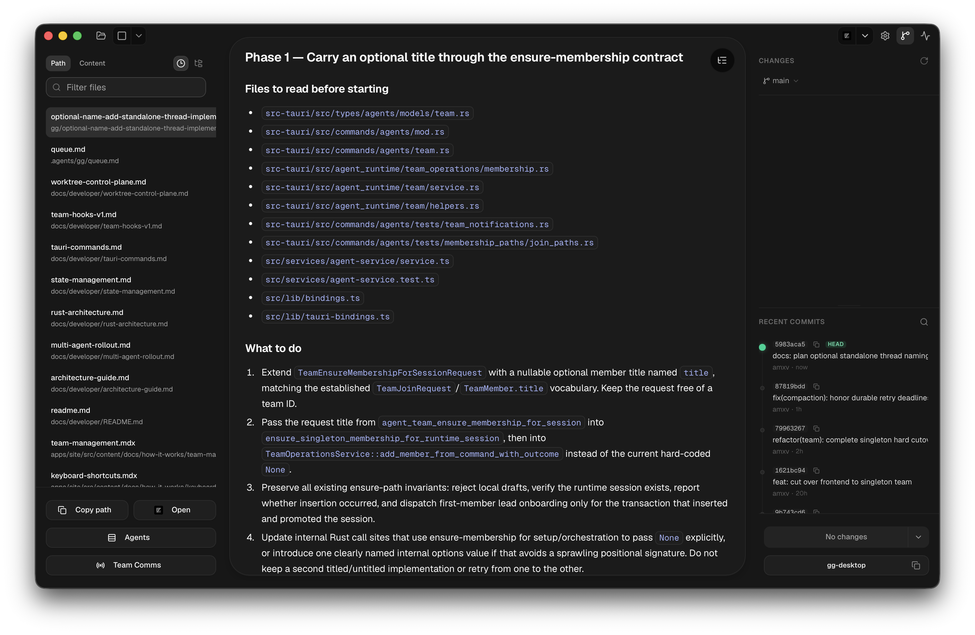 A full goldengoose window in File View, with a Markdown-only file list, a rendered implementation plan, and Git history alongside it.