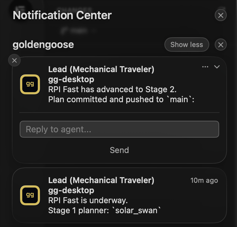 macOS Notification Center showing goldengoose lead updates and an inline Reply to agent field.