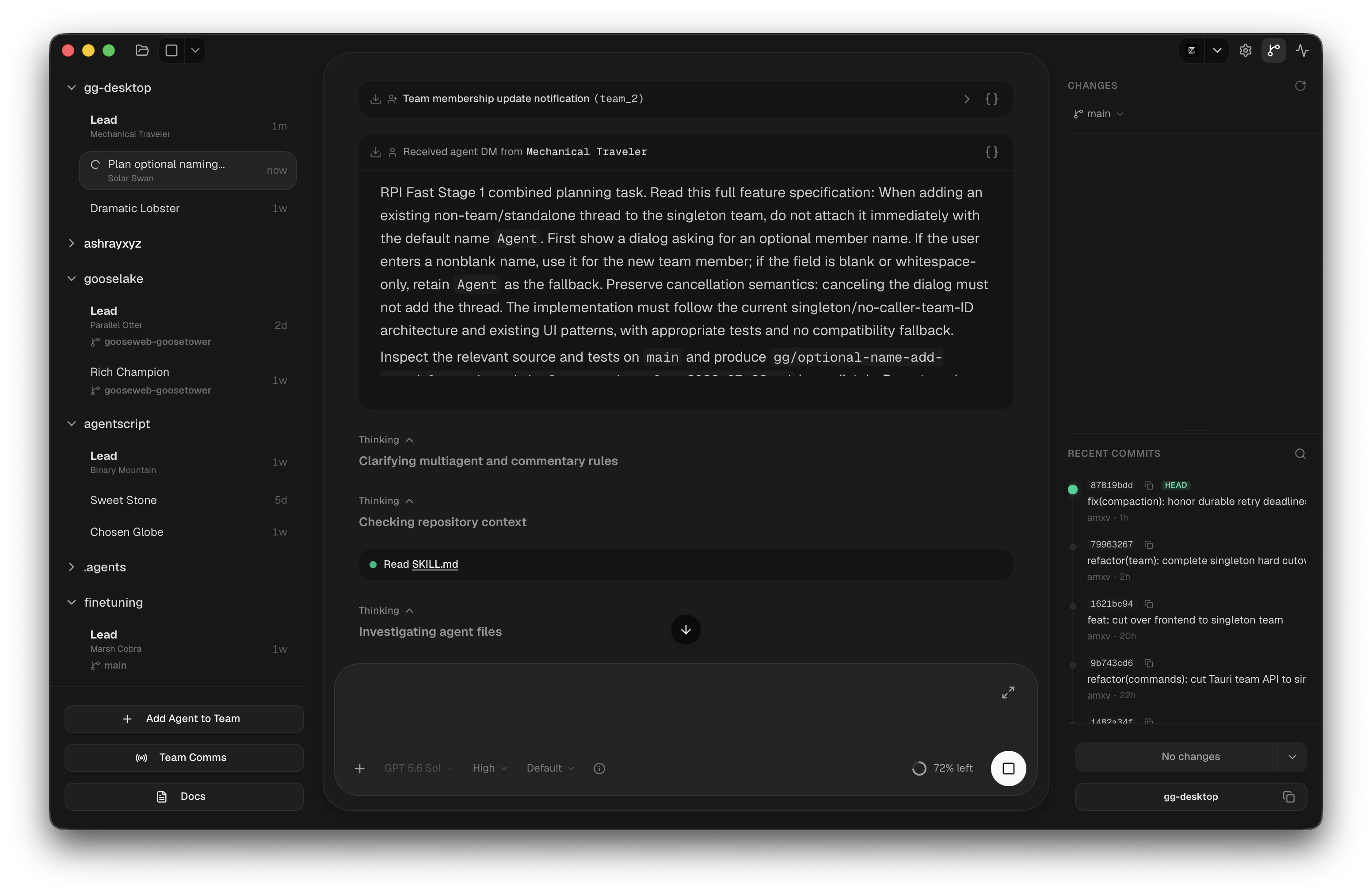A full goldengoose window showing a newly assigned planning agent working in its own visible thread while the lead and other team members remain in the sidebar.