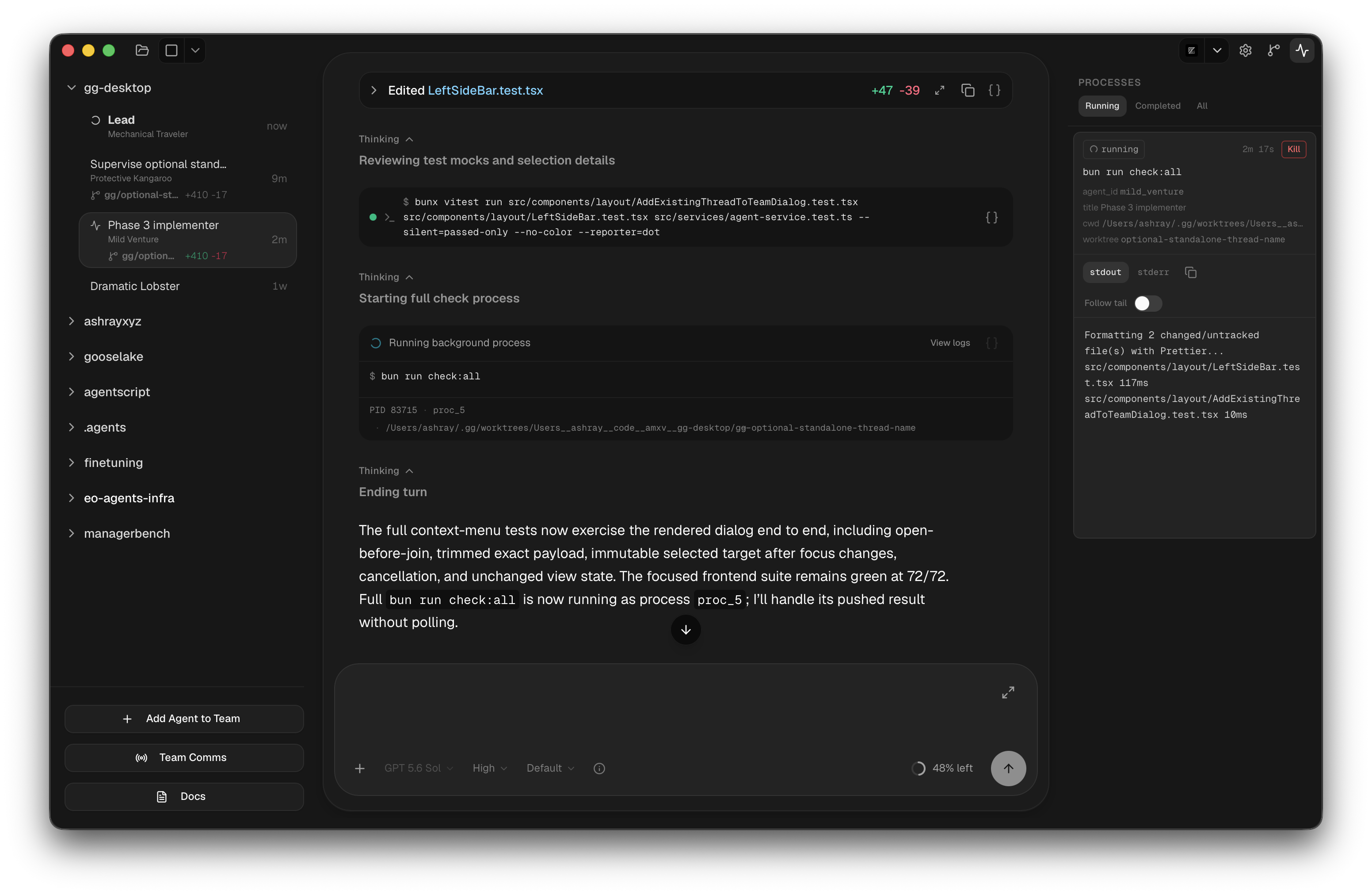 A full goldengoose window with a check suite running in the Process Manager, showing its owner, working directory, live stdout, and kill control.