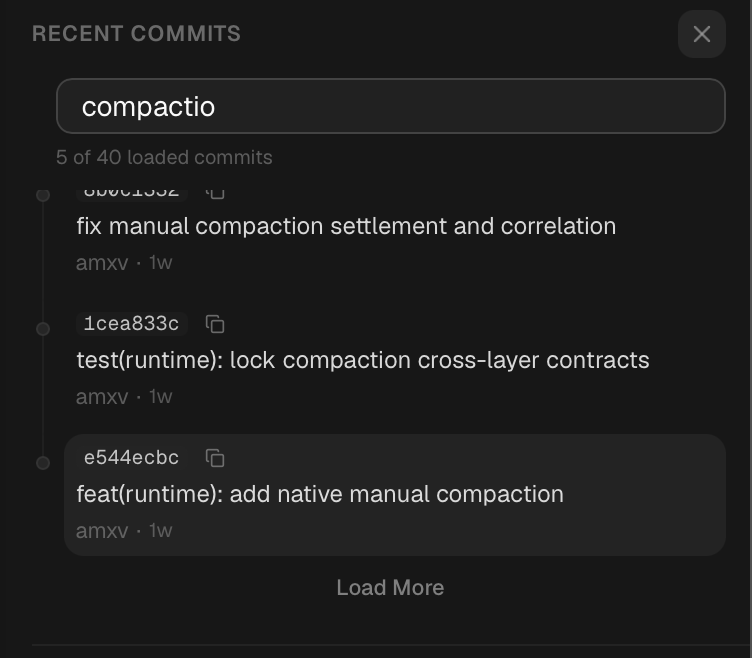 The Recent Commits panel filtered by the partial word compactio, with matching hashes and commit messages.