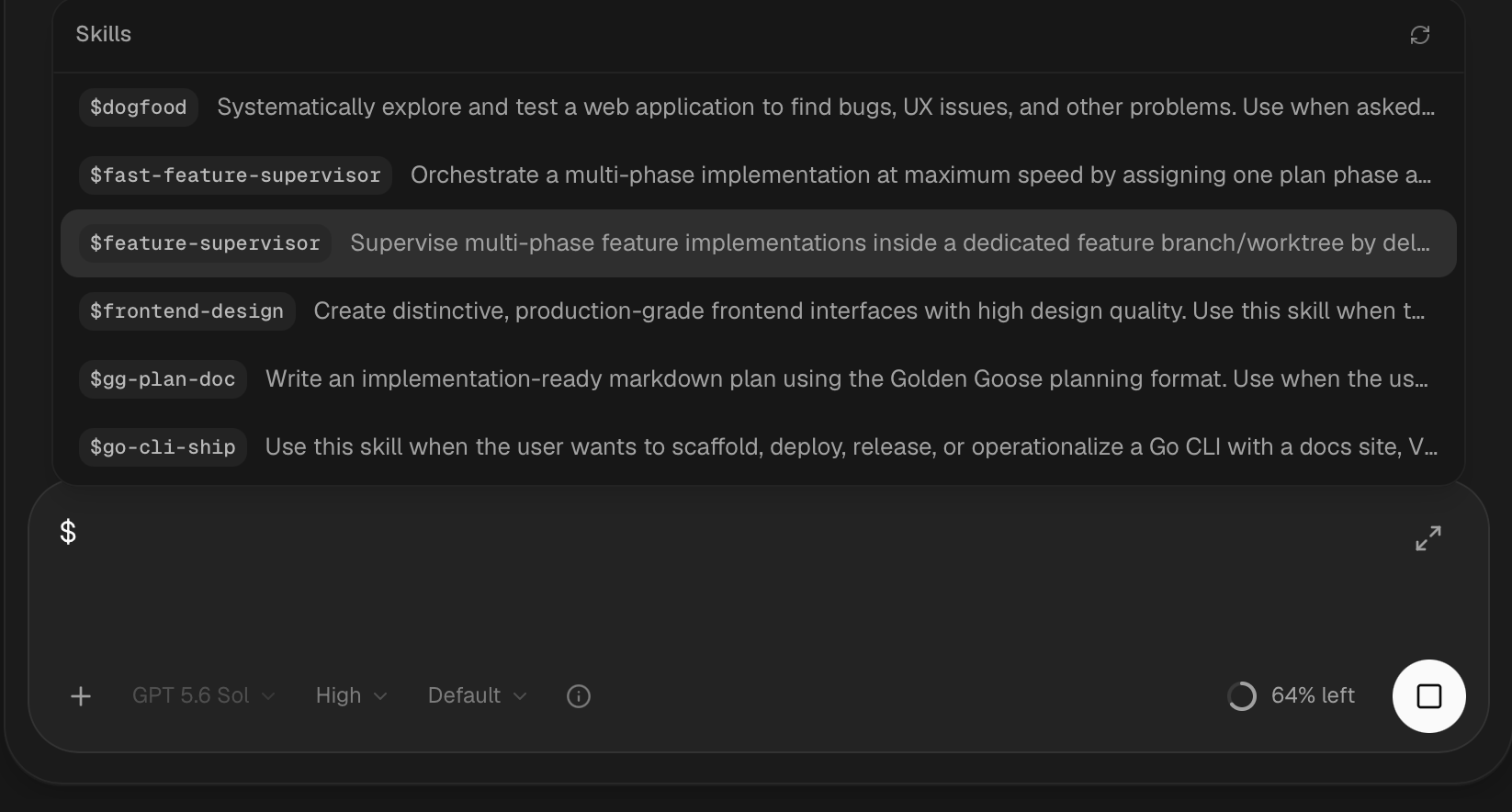 The goldengoose composer with a searchable list of installed skills, including feature-supervisor and frontend-design.