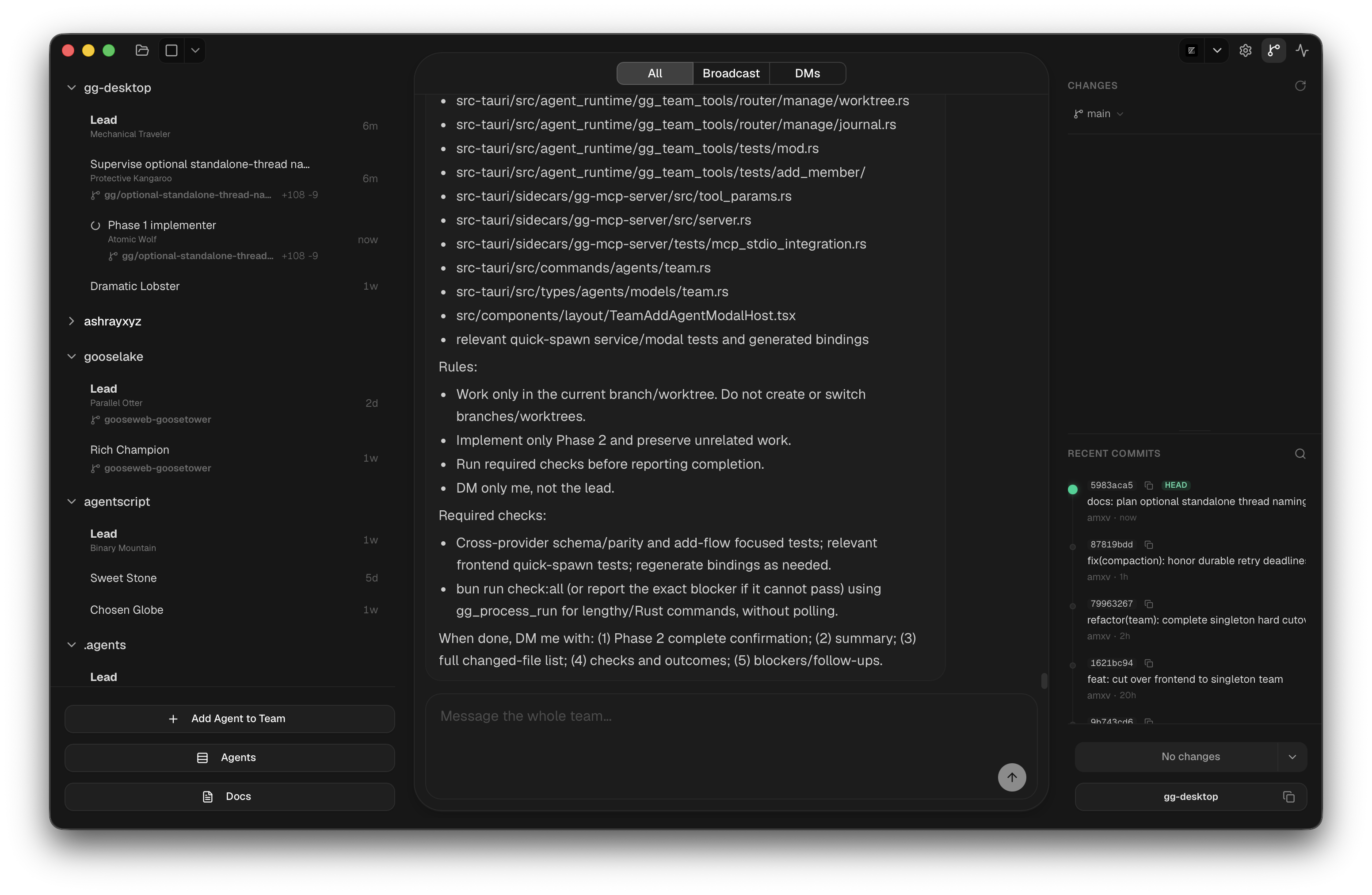The goldengoose Team Comms view showing a detailed implementation assignment alongside the live team roster and recent commits.