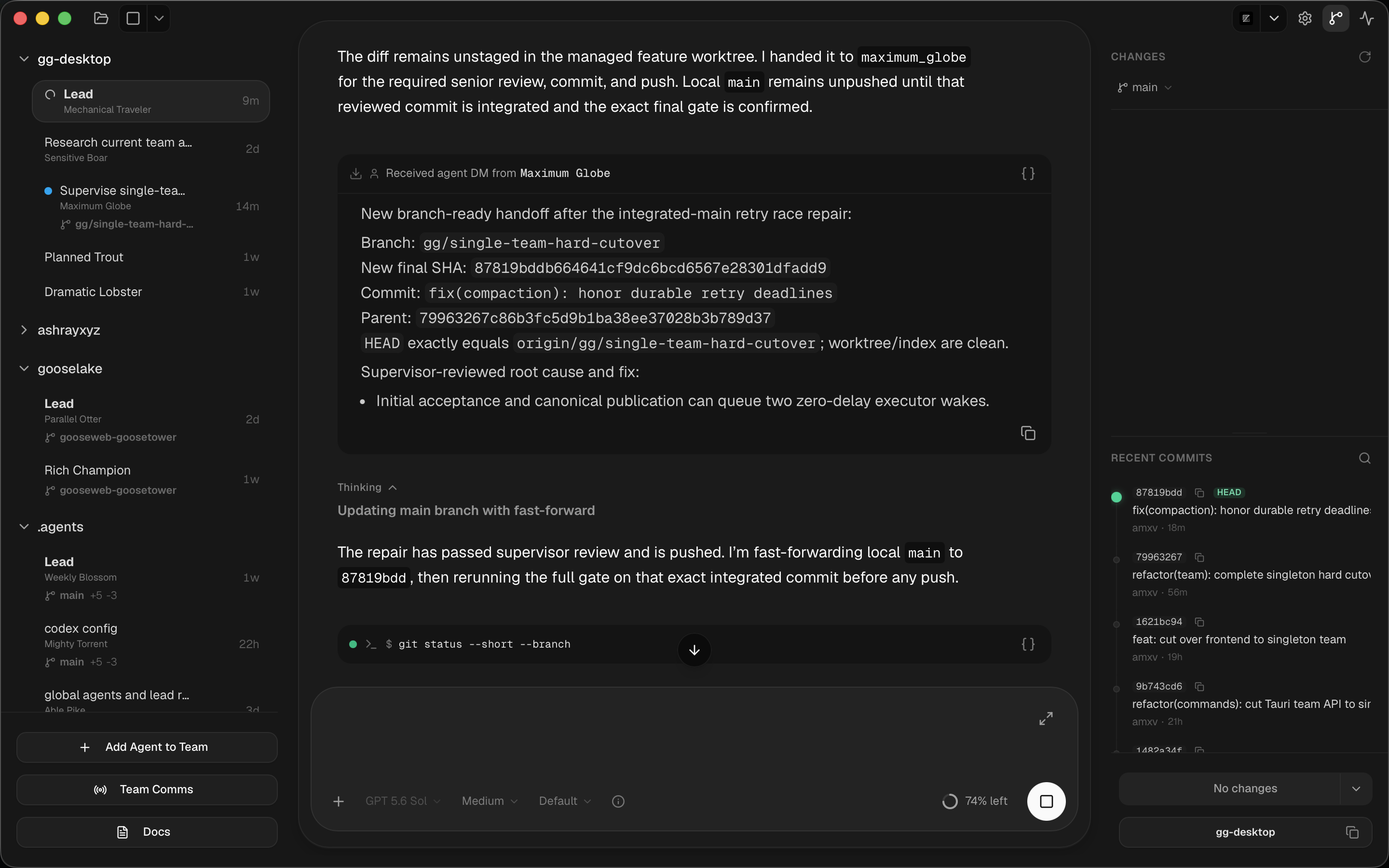 The goldengoose desktop app showing a lead receiving a detailed branch-ready direct message, with the team roster on the left and recent Git commits on the right.